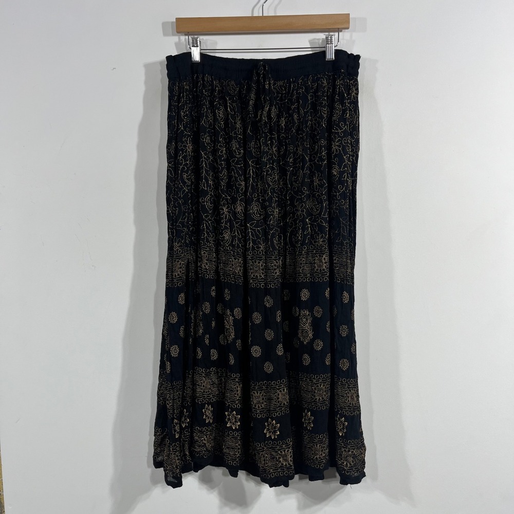 VTG 90s Whimsigoth Renfair Boho Floral Block Print Maxi Skirt OS Witchy Grunge